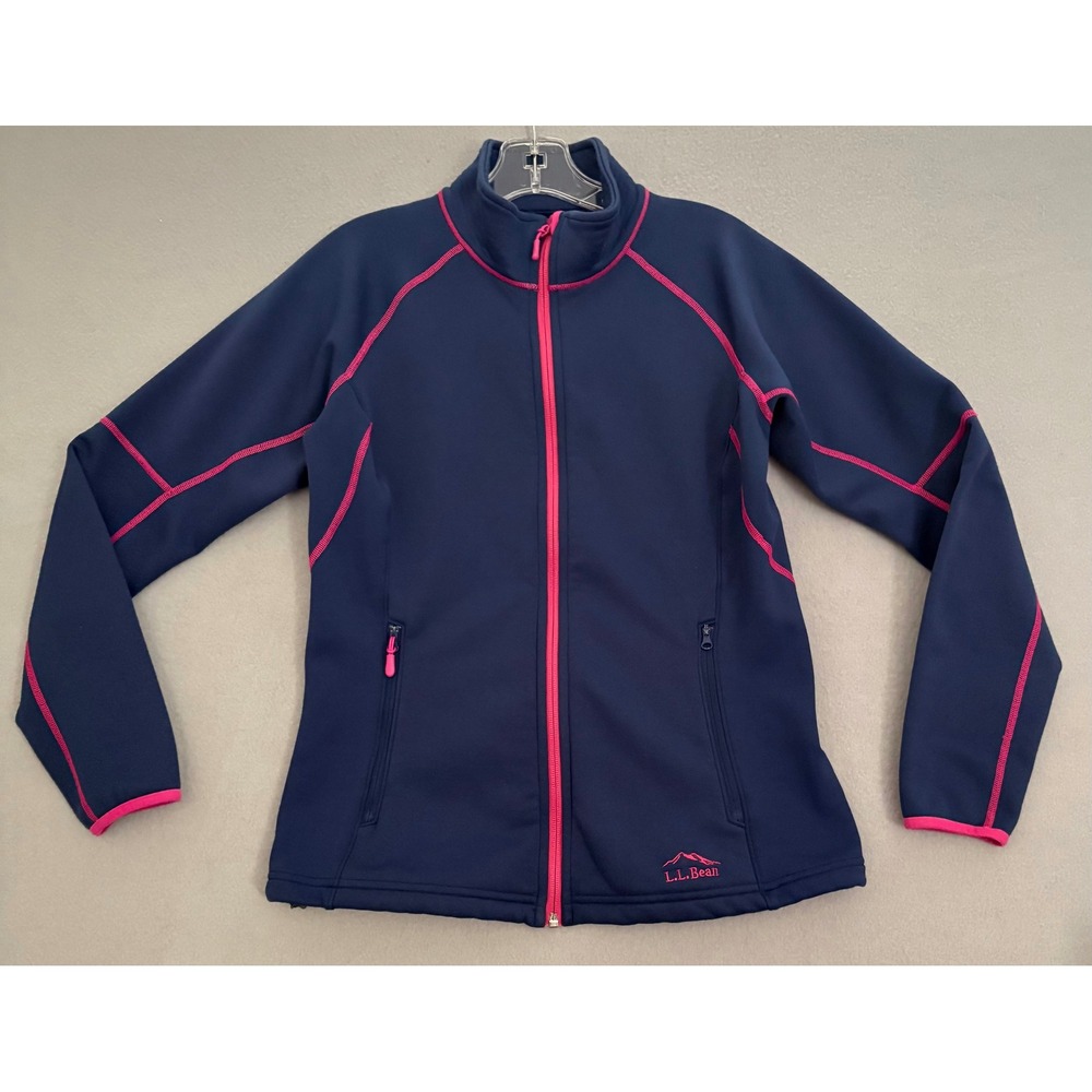 LL Bean Womens Softshell Jacket Small Navy Blue Pink Contrast Stitch Full Zip